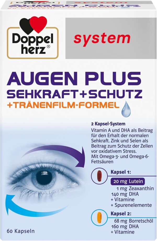 Doppelherz system AUGEN PLUS SEHKRAFT + SCHUTZ – Mit Vitamin A und der Omega-3 Fettsäure DHA als Beitrag für den Erhalt der normalen Sehkraft – 60 Kapseln