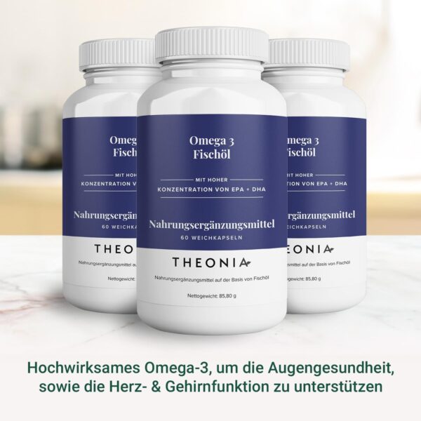 Theonia Omega-3 Fischöl – 2.000mg mit Vitamin E – Erhält Herz-, Gelenk- Gehirn- & Immunfunktionen – Männer & Frauen – 60 Kapseln & nicht genverändert – Bild 4