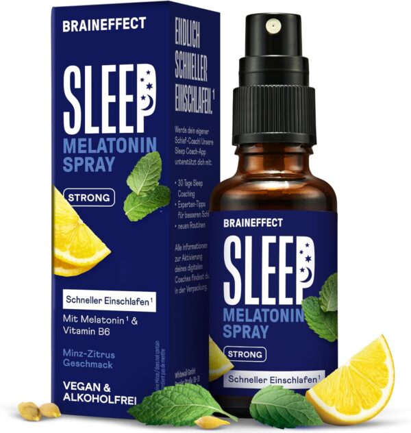 BRAINEFFECT SLEEP SPRAY STRONG Das Original® - Melatonin Spray Hochdosiert - 240 Tage Vorrat Einschlafspray - mit Minze, Zitrone, Lavendel und Ashwagandha, Zuckerfrei