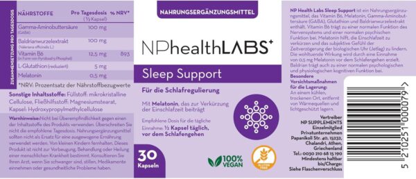 NPhealthLABS Sleep Support - 30 Vegan Kapseln mit Melatonin, Baldrian, GABA, Vitamin B6, Glutathione für besseren Schlaf – Bild 4