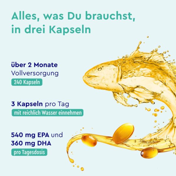 Omega 3 Kapseln Hochdosiert - 3000mg Fischöl (Triglycerid-Form) - 240 Kapseln mit Vitamin E (Antioxidans) zur idealen Ergänzung von EPA & DHA - Reines Omega3 Fischöl – Laborgeprüft – Bild 2