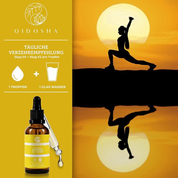 QIDOSHA® Premium Vitamin D3 K2 Tropfen, 50 ml, Wirkstoffmenge in externem Labor bestätigt, 1000 I.E. Vitamin D3 je Tropfen, hoch bioverfügbar durch K2 All-Trans, vegetarisch, Vitamin D Tropfen mit K2 – Bild 9