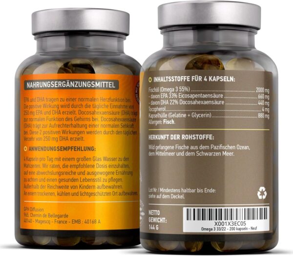Omega 3 - Fischöl - 2000mg pro Tagesdosis - EPA : 660 mg/DHA : 440 mg - Herz-kreislauf system, Vision, Gehirnfunktion - 200 kapseln – Bild 2