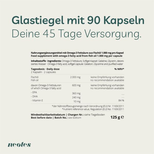 Omega-3 Fettsäure - Hochdosiert mit 720 mg EPA & 280 mg DHA - 90 Kapseln (6 Wochen) - Premium Nahrungsergänzungsmittel mit Fettsäuren aus Fischöl - Optimale Bioverfügbarkeit - neotes – Bild 7