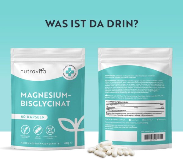 Magnesiumbisglycinat Kapseln - Magnesium Glycinat - 320mg elementares Magnesium pro Tagesdosis - Vegan - Hochdosiert - Unterstützt die Muskelfunktion & das Nervensystem - Nutravita – Bild 4