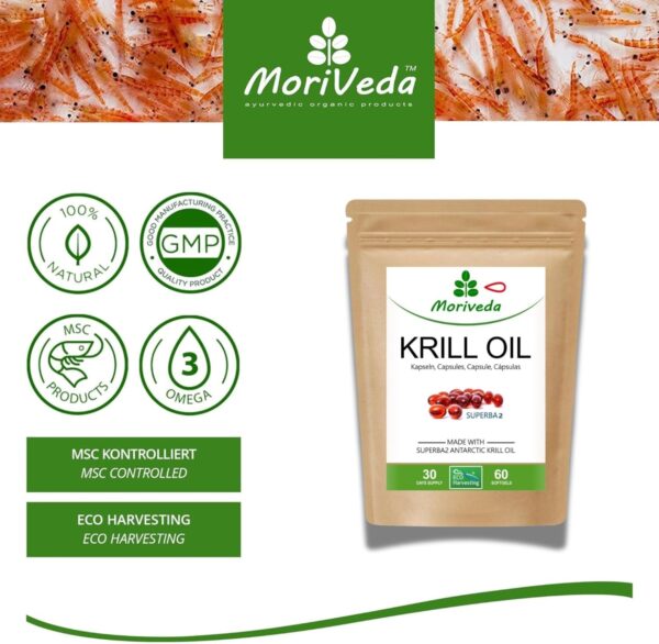 Superba Premium Krillöl Softgel Caps - mit revolutionärem Omega 3 Öl - verestertem Astaxanthin, Antioxidantien & Vitaminen - Herz Immunsystem Gedächtnis - 180 Kapseln von MoriVeda – Bild 5