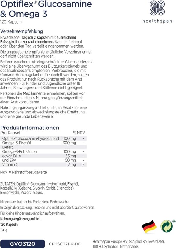 Healthspan Glucosamin & Omega 3 | Gelenkgesundheit | Zusätzliches Vitamin C | 400 mg Optiflex Glucosamin HCI | 300 mg Omega 3 Fischöl | hochgereinigt und nachhaltig angebaut | 120 Kapseln – Bild 7