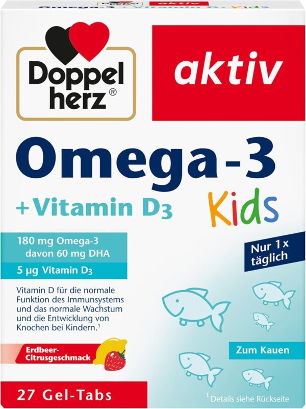 Doppelherz Omega-3 + D3 Kids - Vitamin D wird für ein gesundes Wachstum & eine gesunde Entwicklung der Knochen bei Kindern benötigt - 27 Gel-Tabs