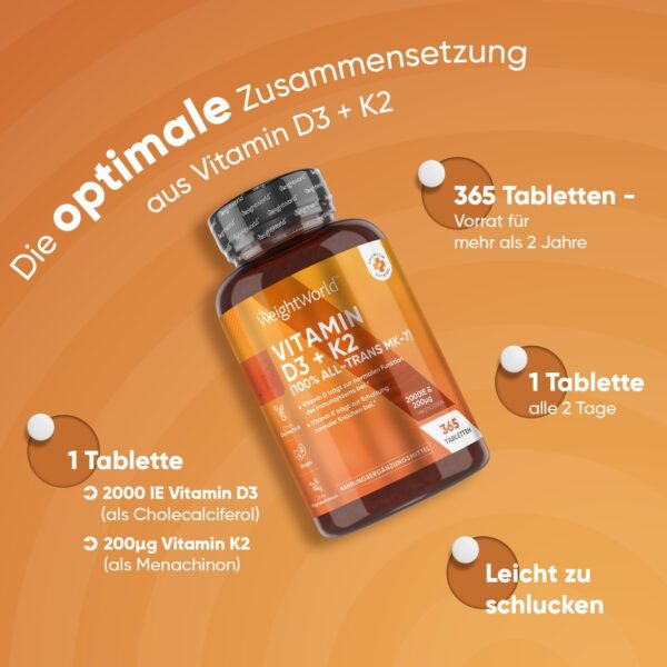 Vitamin D3 K2 2000 IU - 2 Jahresvorrat - 365 Tabletten mit 200μg Vit K2-100% All-Trans MK-7-1 Tablette/2 Tage - Kleine Tabletten - Vegane Quelle (Flechte) - WeightWorld – Bild 2