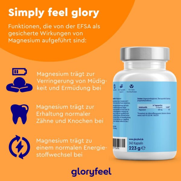 Magnesium Bisglycinat - 240 Kapseln - 400mg Chelatiertes Magnesium pro Tag - Hochdosiert für weniger Müdigkeit + Muskel-Support* - Vegan, laborgeprüft, ohne Zusätze in Deutschland hergestellt – Bild 5