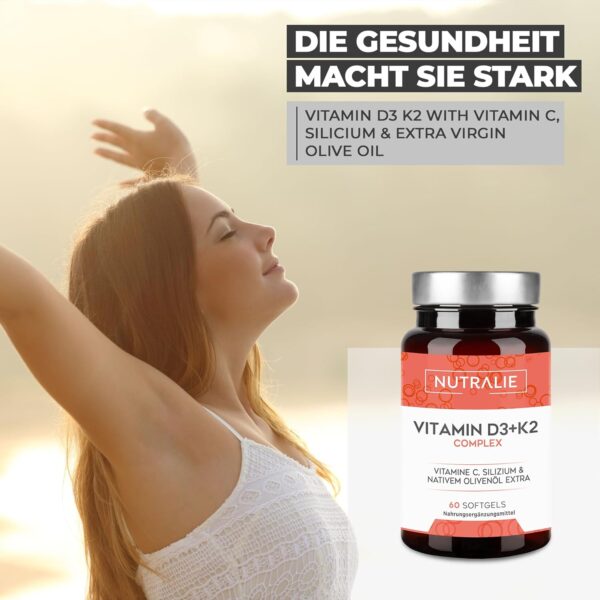 Vitamin D3 + K2 Hochdosiert - 10.000 IE Vitamin D3-99,7+% All-Trans MK7 (K2VITAL®) - Mit Vit D3 + K2 + Silizium & Olivenöl - 60 Softgels - Laborgeprüft - Nutralie – Bild 2