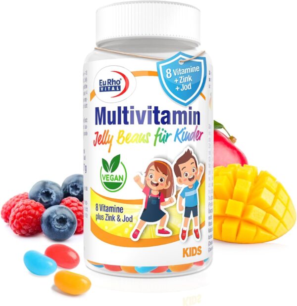 Multivitamin Jelly Beans für Kinder | Vegan | Optimal für Kinder ab 4 Jahren | Mit Blaubeer-, Mango- und Himbeergeschmack | EuRho® Vital – Made in Germany | 90 Stück