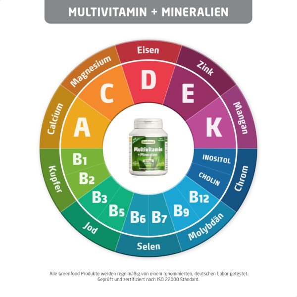 Multivitamin Kapseln Hochdosiert - 677 mg Vitamine, Mineralien und Spurenelemente pro Tag (120 vegane Kapseln) - A bis Z Vitamine für den optimalen Tagesbedarf - ohne Zusätze & Gentechnik - Greenfood – Bild 4