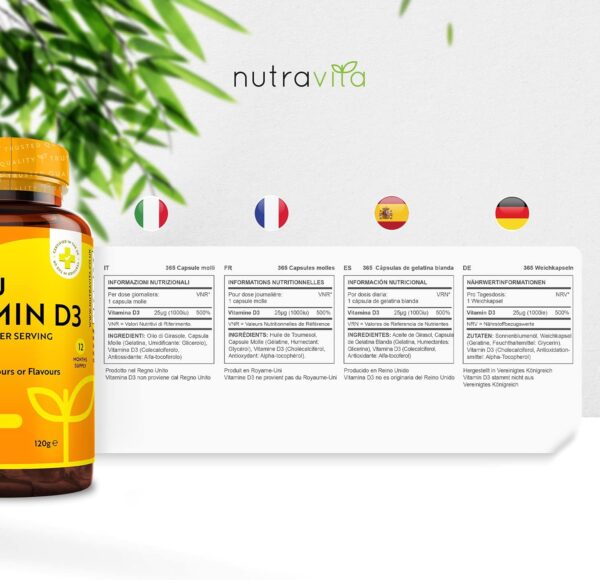 Vitamin D3 1000 I.E - 365 Kapseln - Unterstützt Knochen, Zähne, Muskeln und Immunsystem* - Vitamin D3 aus Deutschland - ohne künstlichen Zusatzstoffe - Hohe Reinheit - Hochdosiert - Premium Qualität – Bild 6