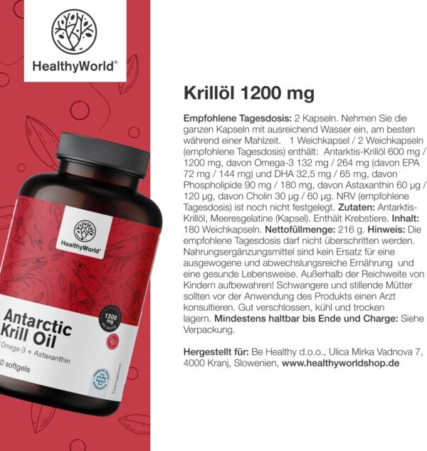 HealthyWorld® Krillöl 1200 mg - 180 Weichkapseln - Omega-3 + Astaxanthin - Ohne Gluten, Laktose und Künstliche Aromen - 3-Monats-Vorrat - Unterstützt Herz- und Kreislauffunktion – Bild 6