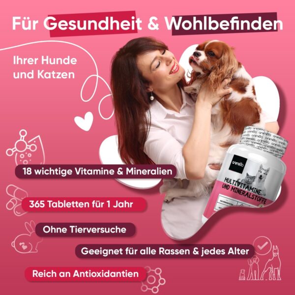 animigo Vitamine für Hunde & Katzen - 365 Multivitamin Tabletten - Mit Vitamin B Komplex (B1, B2, B3, B5, B6, Biotin, B9, B12), C & D3-18 Mineralien & Vitamine - Für Gelenke, Immunsystem, Knochen – Bild 2