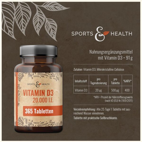 Vitamin D3 Hochdosiert 20000 Depot - 365 Vitamin D3 Tabletten - Hochdosiertes Vitamin D3 20000 IE - Vitamin D Tabletten - Vitamin D 20000 - D3 20000 IE Kapseln Tablette – Bild 2