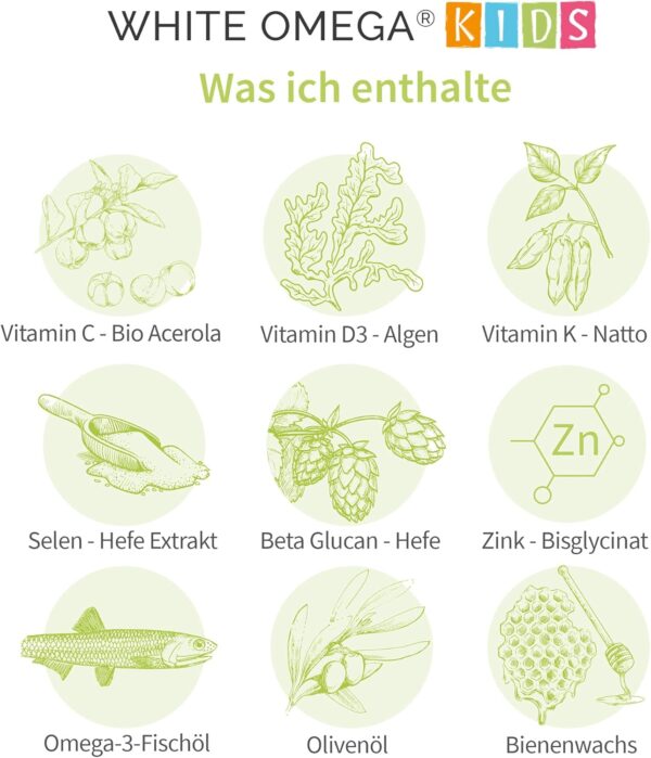 Vitamine für Kinder – für das Immunsystem – zuckerfrei – Omega-3, Vitamin C, D3+K2, Selen, Zink – 90 Mini-Kapseln (1 Monat) – Bild 4