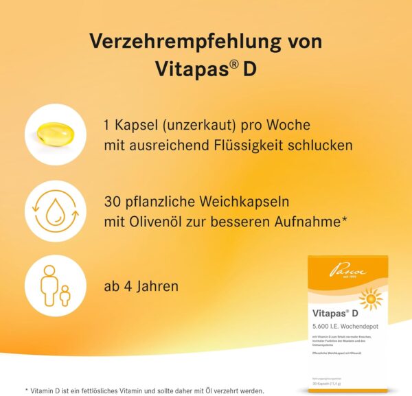 Vitapas D: 5.600 I.E. Vitamin D3 als Wochendepot – 30 pflanzliche Weichkapseln für Immunsystem, Muskeln & Knochen, vegetarisch, 30 Kapseln – Bild 4