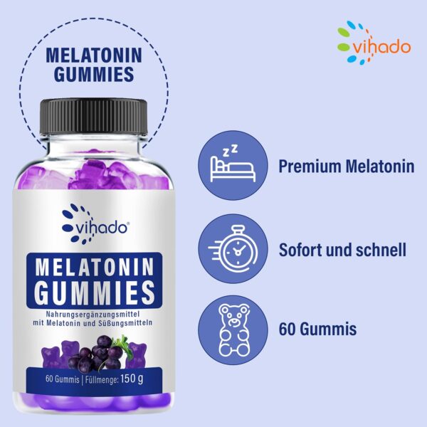 Vihado Melatonin Gummies - so lecker und soft, hochdosiert, zuckerfrei, vegan - besser da mit Vitamin D3, K2, Passionsblume und Kamille, 60 Gummis – Bild 4