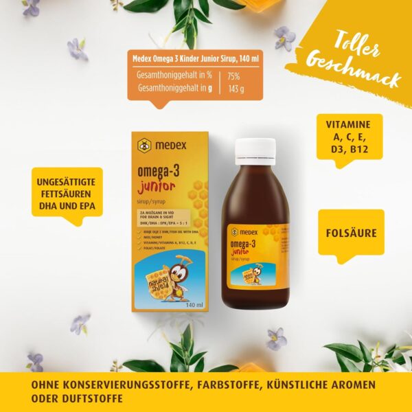 Medex Omega 3 Kinder Junior Sirup, 74% honigbasiert - 143 g Honig, ausgezeichneter Geschmack, 250 mg DHA, 50 mg EPA; zugesetzte Vitamine A, B12, C, D, E, Folsäure, ab 3 Jahren, 140 ml – Bild 2