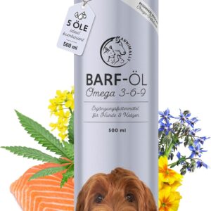 Barf Öl für Hunde 500ml Barföl mit Omega 3-6-9 aus: Lachsöl, Rapsöl, Hanföl & Borretschöl - Futteröl für Hund als Futter Topping (Barf Zusatz)