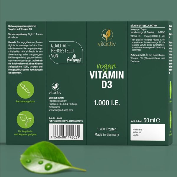 VITACTIV Vitamin D3 Tropfen - Für Knochen, Muskeln & Immunsystem - 1000 IE Vitamin D pro Tropfen, Hochdosiert, Hoch Bioverfügbar - Aus Deutschland, Laborgeprüft, Vegan - 50ml, 1700 Tropfen – Bild 8