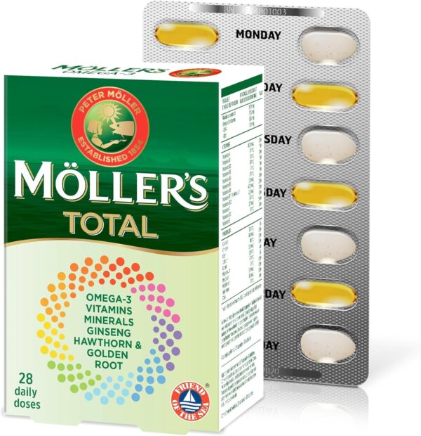 Möller ® | Total | Komplette tägliche Ergänzung | Nordic Omega-3 Nahrungsergänzungsmittel mit EPA und DHA | Mit Vitaminen und Mineralstoffen | Ginseng, Weißdorn und Goldene Wurzel | 56 Kapseln