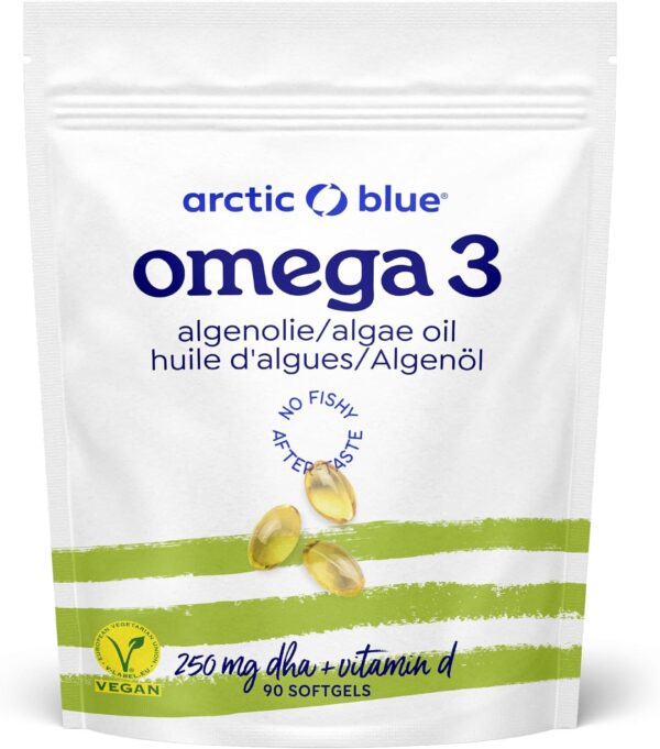 Arctic Blue Vegane Omega 3 Kapseln - 90 Stück - Algenöl mit Vitamin D3 – hochdosiert mit DHA – aus nachhaltigem, kontrolliertem Anbau und frei von Schadstoffen