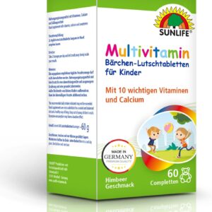 SUNLIFE Multivitamin Kinder Bärchen 60 Lutschtabletten 1 x 60 Stück - Multi Vitamin Kinder mit Himbeer-Geschmack - gluten- & zuckerfrei - Kinder Multivitamin Tabletten mit 10 Vitaminen & Calcium