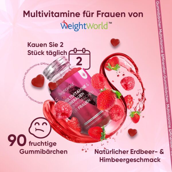 Multivitamin Gummies für Frauen - Mit Hyaluron, Nachtkerzenöl, Coenzym Q10, Folsäure, Zink, Vitamin C, B12, Biotin - Für Immunsystem, Haut & Stoffwechsel - 90 Gummibärchen - Erdbeer & Himbeergeschmack – Bild 8