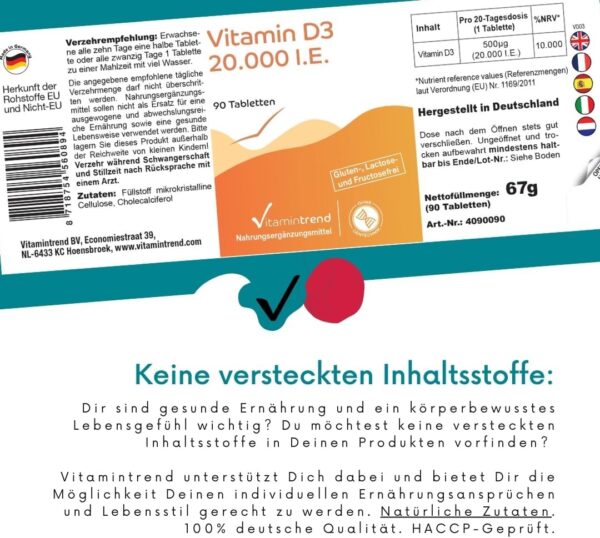 Vitamin D3 20000 I.E. - 90 Tabletten - nur 1 Tablette alle 20 Tage - hochdosiert - Cholecalciferol | Vitamintrend® – Bild 4