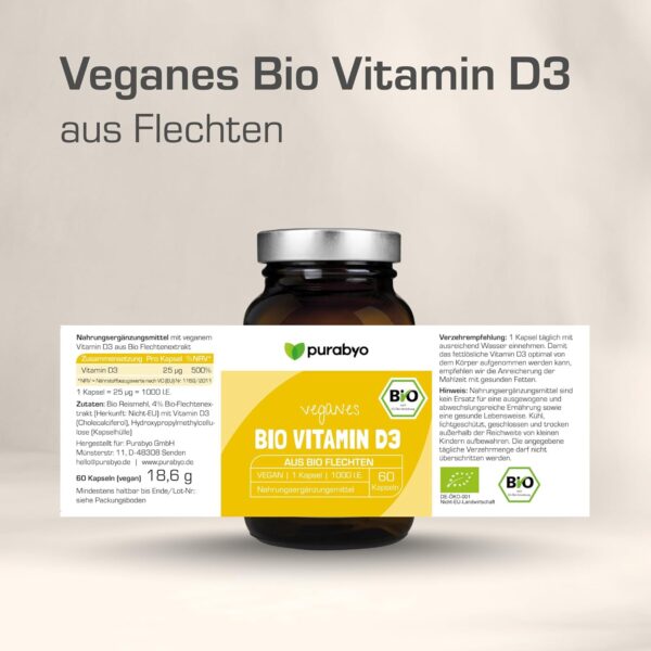 Bio Vitamin D3 Kapseln vegan | Bio Vitamin D3 vegan | aus Flechtenextrakt aus kontrolliert-biologischem Anbau | im Glas | 1 Kapsel = 25 µg = 1000 I.E. | 2-Monatsversorgung | laborgeprüft – Bild 6
