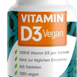 Vitamin D3 VEGAN 1000 IE - 365 Tabletten - Jahresvorrat Vitamin D3 - optimal hochdosiert - für Immunsystem und Knochen - ohne unerwünschte Zusatzstoffe - laborgeprüft mit Zertifikat - 100% vegan