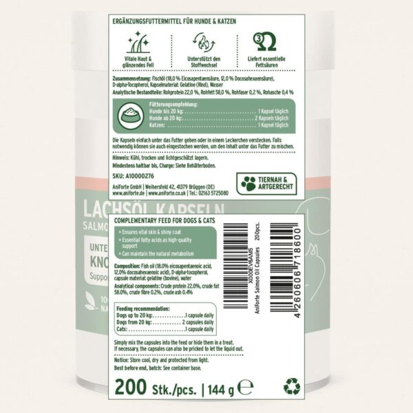 AniForte Lachsöl Kapseln für Hunde & Katzen 200 Stück – wertvolles Omega-3 Fischöl, Stoffwechsel & Knochenaufbau unterstützend, Barf Ergänzung, glänzendes Fell, Vitamine, Salmon Oil Dogs – Bild 7