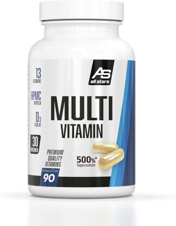 All Stars Multivitamin I 90 Kapseln Multivitamine hochdosiert I Supplement mit Vitamin C + Vitamin B Komplex + Vitamine A, E, K2 & D3 I Vitamin Kapseln vegan & mit wenig Zucker