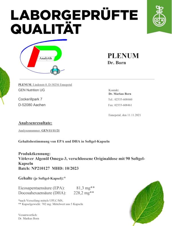 Omega 3 Vegan - 90 Algenöl Kapseln - Markenrohstoff: life's™OMEGA mit DHA & EPA aus Algenöl in Triglycerid-Form - Laborgeprüft - Schadstoffarm - Extra hochdosiert – Bild 7
