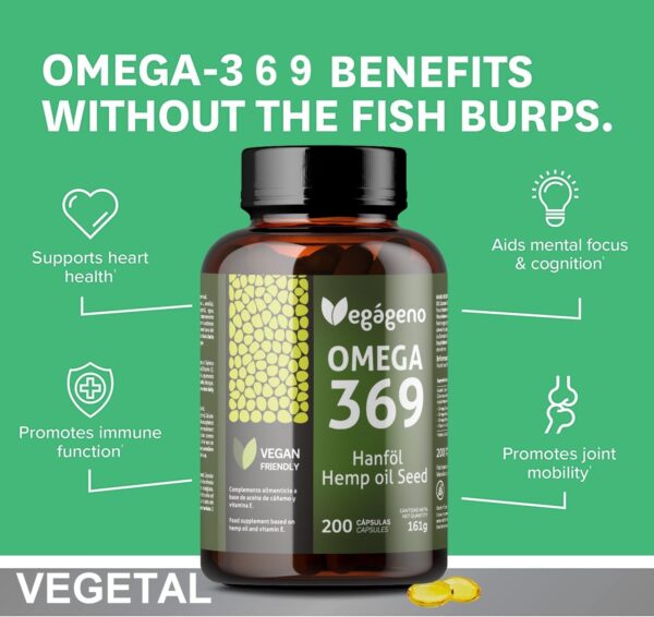Vegageno OMEGA 3 6 9 Kapseln hochdosiert. Hochkonzentriertes OMEGA 3, vegan. 200 Kapseln. Mit natürlichem Vitamin E. GVO-frei, glutenfrei. Ohne Fisch. Nur Gemüse. Geeignet für Veganer und Vegetarier. – Bild 2