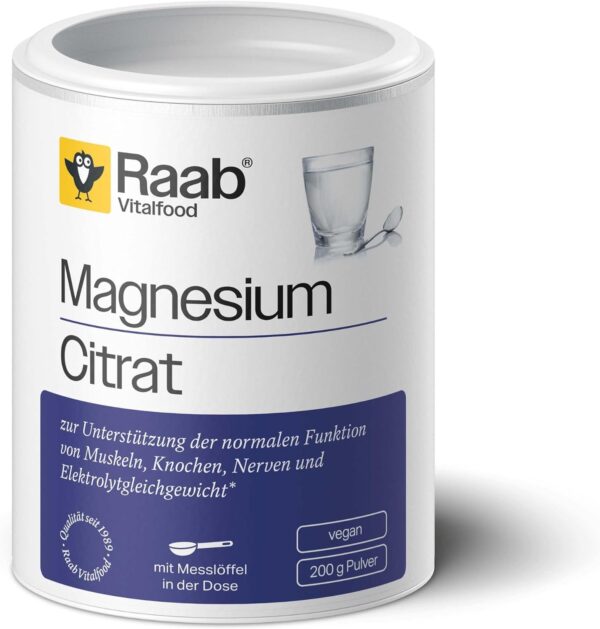 Raab Vitalfood® Magnesiumcitrat Pulver (200 g) - 100% Magnesiumcitrat ohne Zusätze, gut zu dosieren, ideal für Sportler - für Muskeln, Nerven, Elektrolyt-Haushalt - laborgeprüft, vegan
