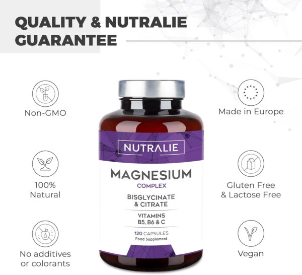 Magnesium Glycinat + Citrat - Komplex mit B6 B5 C Hochdosiert - 2145mg Magnesium Kapseln mit Vitamine B6 B5 und C + Magnesium Glycinat + Magnesiumcitrat -120 Magnesium Vegan Kapseln - Nutralie – Bild 4