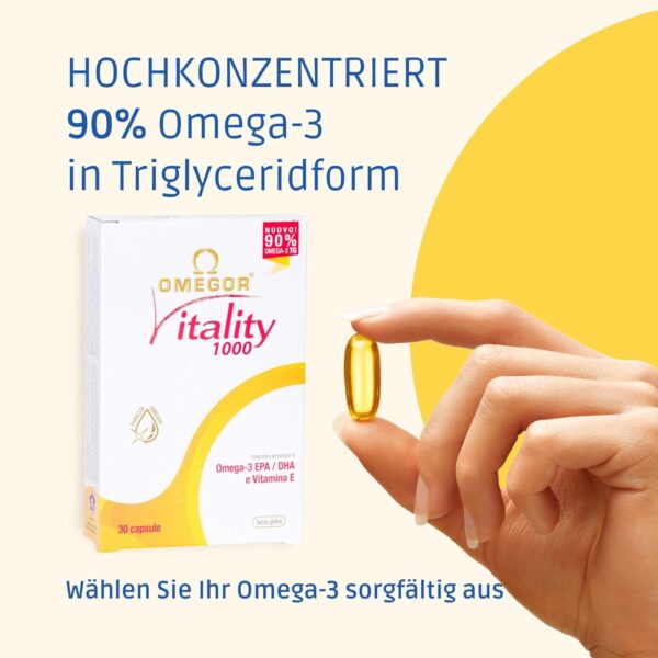 Omegor Vitality 1000 – Nahrungsergänzungsmittel mit 90% Omega 3 in Triglyceridform – Vitamin E – Für ein gesundes Herz, Sehvermögen und Gehirn – IFOS-zertifiziert – Ohne Nachgeschmack – 2 x 30 Kp – Bild 11