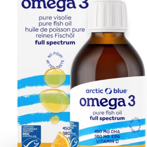 Arctic Blue Omega 3 Fischöl – 150 ml flüssig – hochdosiert mit DHA, EPA und Vitamin D – ohne Aufstoßen oder Fischgeruch – arktisches Fischöl – MSC-Zertifiziert – Orangengeschmack