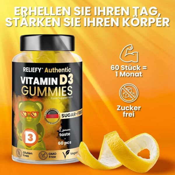 Reliefy Vitamin D3 Gummibärchen Hochdosiert 4000 IE | Immunsystem, Stoffwechsel & Knochen | Hohe Festigkeit für Kinder und Erwachsene - Zuckerfrei, Vegan und Glutenfrei - 60 Stück – Bild 3