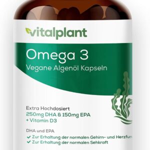Vitalplant® Omega 3 Vegan | 250mg DHA + 150mg EPA pro Kapsel | 90 Kapseln hochdosierte Omega 3 Fettsäuren aus Algenöl | + Vitamin D3 | Pflanzliche Alternative zu Fischöl Kapseln