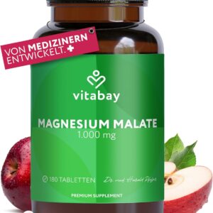 Vitabay Magnesium Malat 1000mg Hochdosiert - 180 Tabletten Vegan & Laborgeprüft - Magnesium Hochdosiert Kapseln - Trägt zu einem normalen Energiestoffwechsel und einer normalen Muskelfunktion bei
