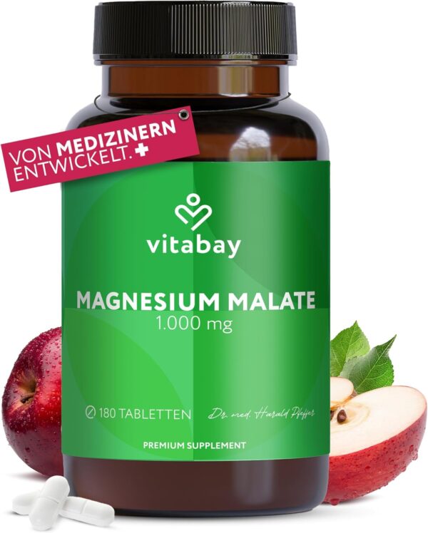 Vitabay Magnesium Malat 1000mg Hochdosiert - 180 Tabletten Vegan & Laborgeprüft - Magnesium Hochdosiert Kapseln - Trägt zu einem normalen Energiestoffwechsel und einer normalen Muskelfunktion bei