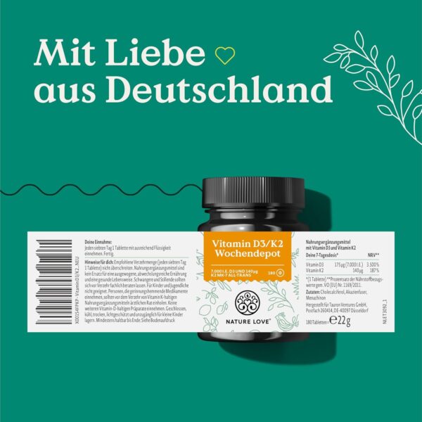 Vitamin D3 K2 Wochendepot - 180 vegane Tabletten - 7000IE D3 + 140µg K2 pro Tablette mit >99,7% all-trans - Hochdosiert & vegan - Laborgeprüft, in Deutschland produziert – Bild 5