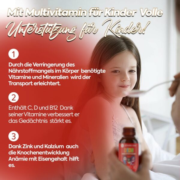 Zühre Ana® KIDS Multivitamin - Unterstützung von Vitaminen und Mineralien, Multivatamin Sirup mit Erdbeer-Geschmack (150 ml) – Bild 3