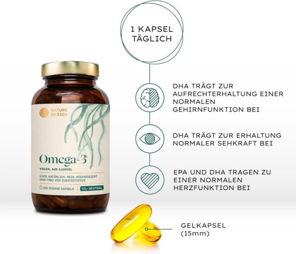 Veganes Omega 3 aus Algenöl | 120 hochdosierte Kapseln für 4 Monate | Eine Kapsel täglich zur Unterstützung der normalen Hirn, Augen & Herzfunktion | laborgeprüft auf Reinheit – Bild 2
