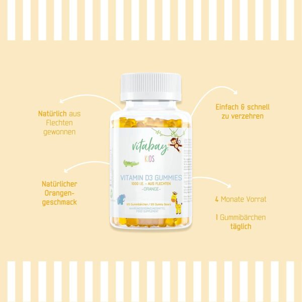 Vitabay Vitamin D3 Kinder - 120 VEGAN Vitamin D 3 1000 IE Vitamin Gummies - Kinder Vitamine Gummi Vitamin D Kinder Immunsystem stärken Kinder Vitamin D Gummibärchen Kinder Vitamin D3 D Vitamin Kinder